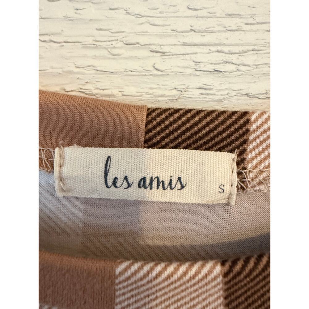 Les Amis Plaid Puff Sleeve Top Brown Beige Check Blouse Size Small - Picture 3 of 6